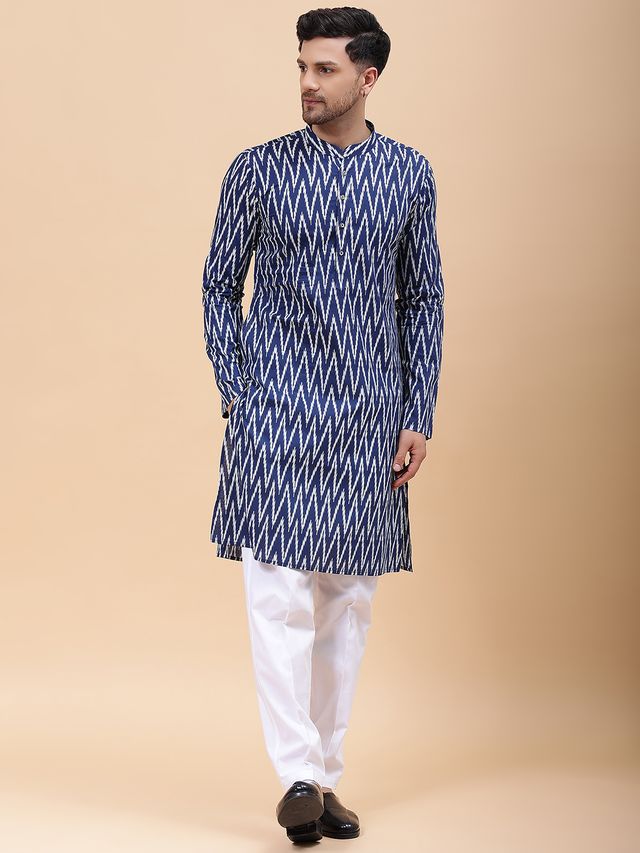 Men Navy Blue & White Pure Cotton Printed Straight Kurta With pyjama