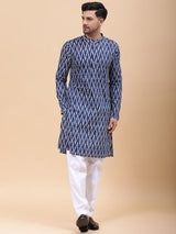 Men Navy Blue & White Pure Cotton Printed Straight Kurta With pyjama