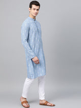 Men Blue & White Printed Straight Kurta With Pajama