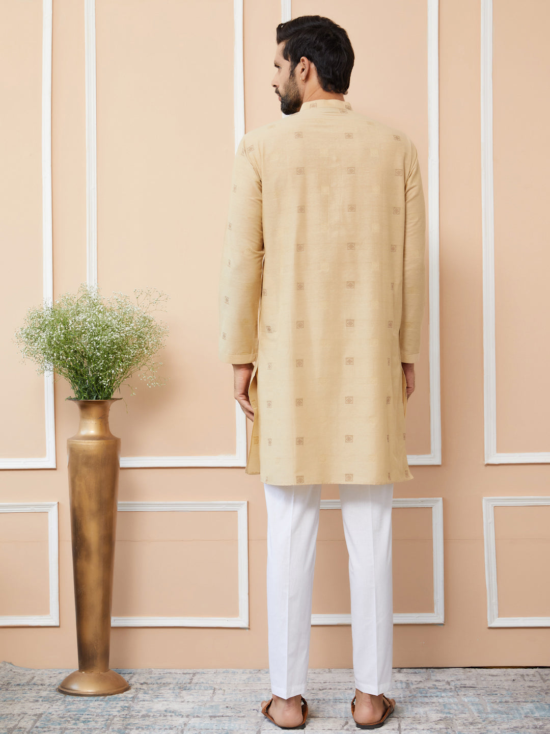Beige Cotton Handloom Motifs Straight Kurta with Pyjama