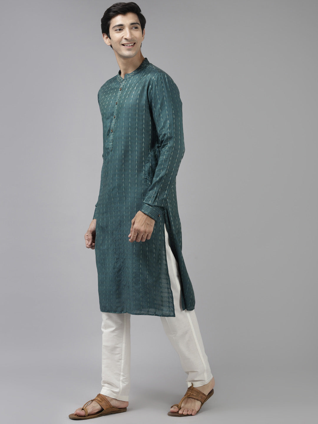 Men Teal & Beige Woven Design Thread Work Kurta