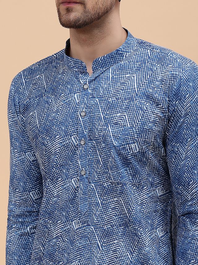 Men Blue Pure Cotton Printed Straight Kurta With pyjama