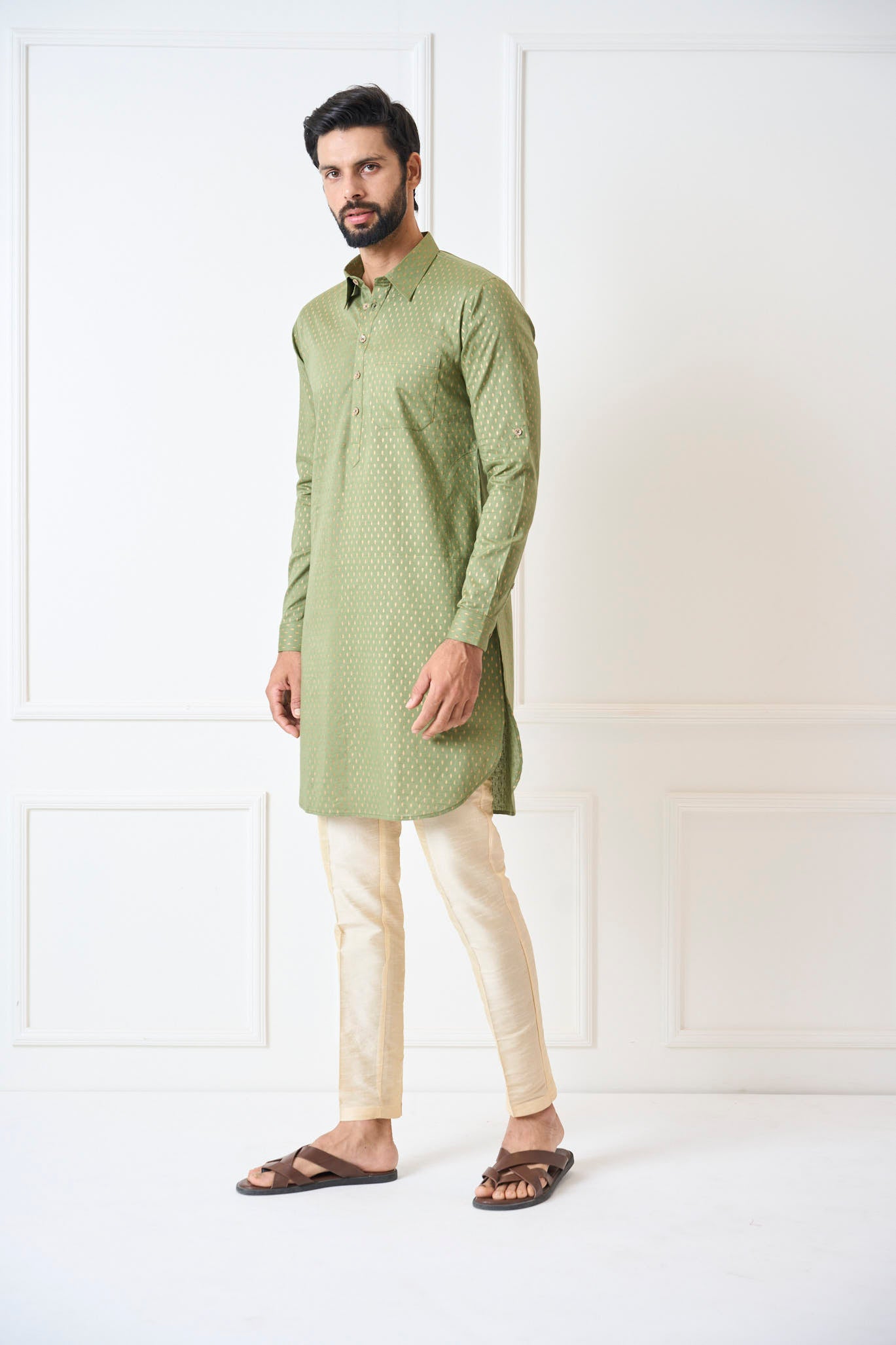 Men Fresh Olive Regular Pure Cotton Pathani Kurta