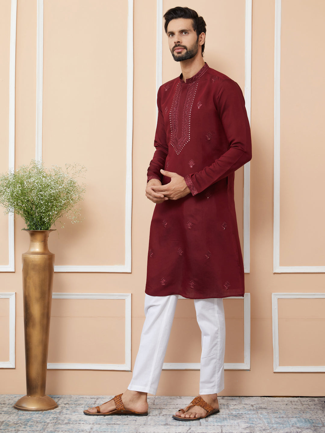 Dark Maroon Embroidered Chanderi Silk Straight Kurta with Pyjama