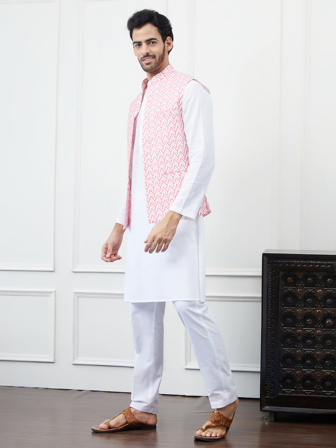 Men White And Pink Color Woven Design Chikankari Embroidery Cotton Nehru Jacket