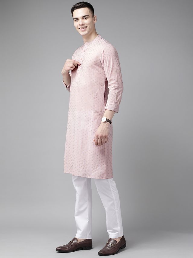 Men Pink & Gold Printed Straight Kurta With Pyjama