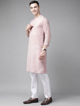 Men Pink & Gold Printed Straight Kurta With Pyjama