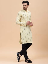 Men Cream & Green Pure Cotton Printed Straight Kurta With Pajama