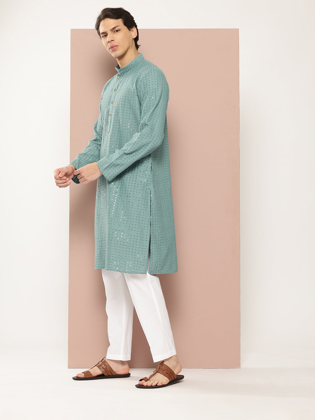 Men Turquoise Embroidered Sequin Rayon Kurta