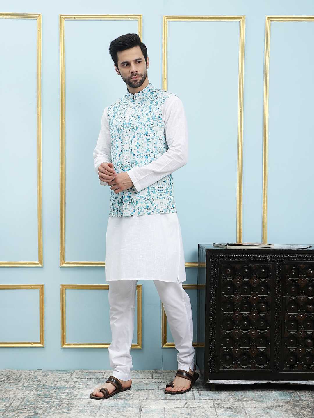 Men Aqua Prism Digital Print Cotton Nehru Jacket