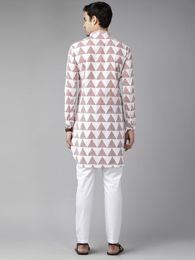 Men White Regular Pure Cotton Pathani Printed Men's Kurta
