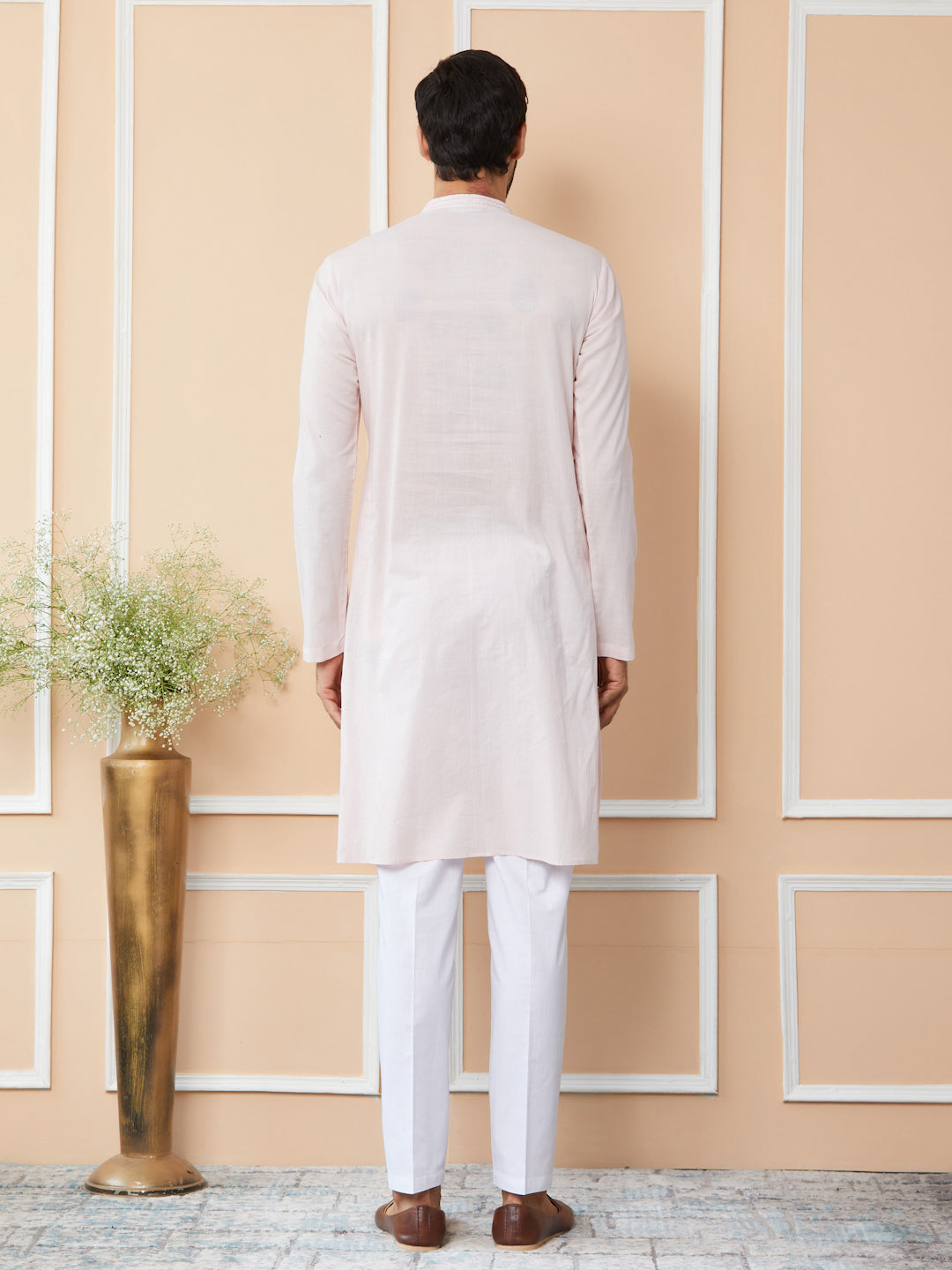 Light Pink Thread & Sequins Worked Pure Cotton Straight Kurta with Pyjama