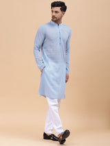 Men Sky Blue & White Pure Cotton Embroidered Straight Kurta With pyjama