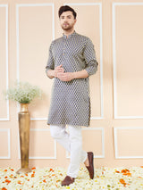 Navy Blue Ethnic Motifs Silk Jacquard Woven Design Straight Kurta with Pyjama