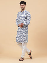 Men White and Grey Ikat Printed Kurta With pyjama