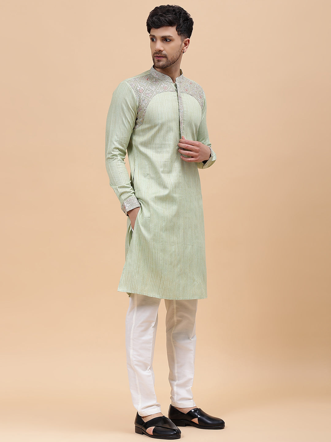 Men Lime Green & Grey Silk Woven Design Straight Kurta With pyjama
