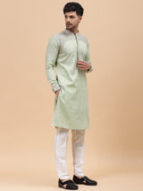 Men Lime Green & Grey Silk Woven Design Straight Kurta With pyjama