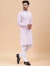 Men White & Orange Pure Cotton Embroidered Straight Kurta With pyjama