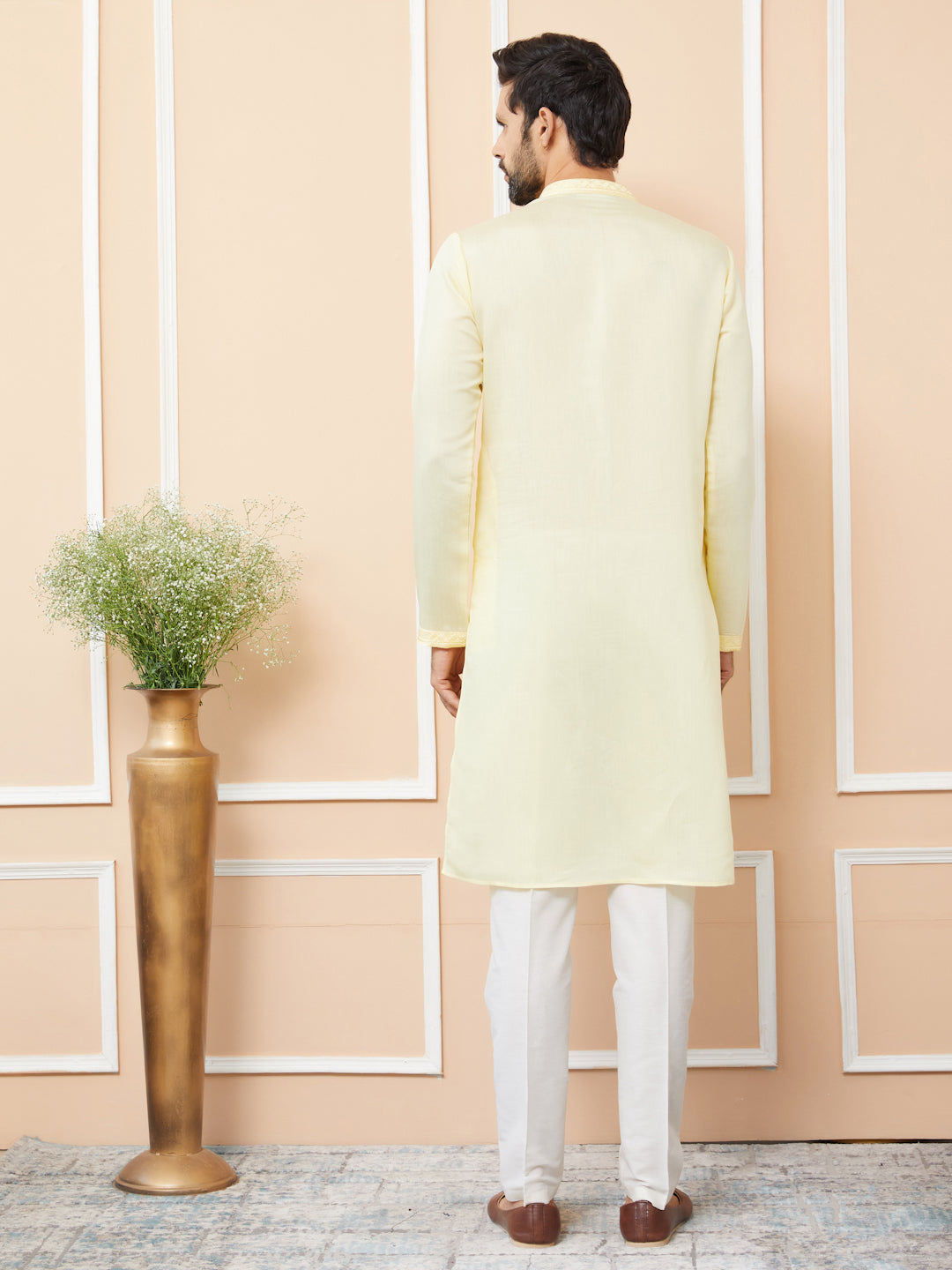 Yellow Embroidered Chanderi Silk Straight Kurta with Pyjama