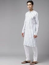 Men White with Navy Blue Vertical Pattern Pure Cotton Embroidered Straight Kurta With Pajama