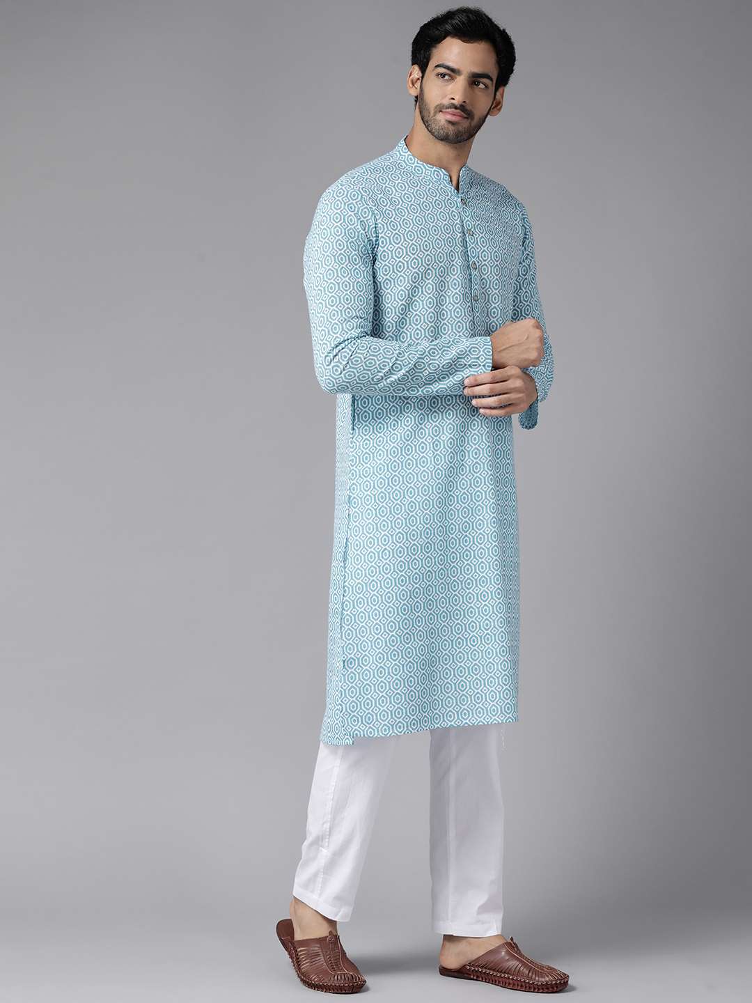 Men Blue & White-Coloured Printed Pure Cotton Straight Kurta