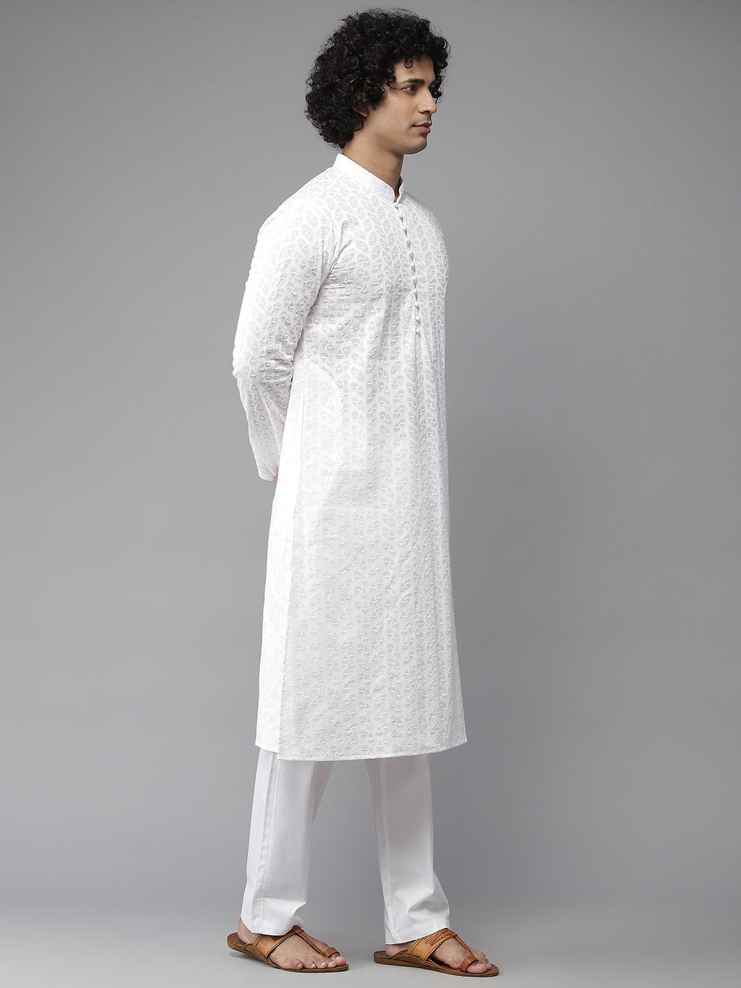Men Crisp White with Leafy Embroidery Chikankari Straight Kurta With Pajama