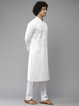 Men Crisp White with Leafy Embroidery Chikankari Straight Kurta With Pajama