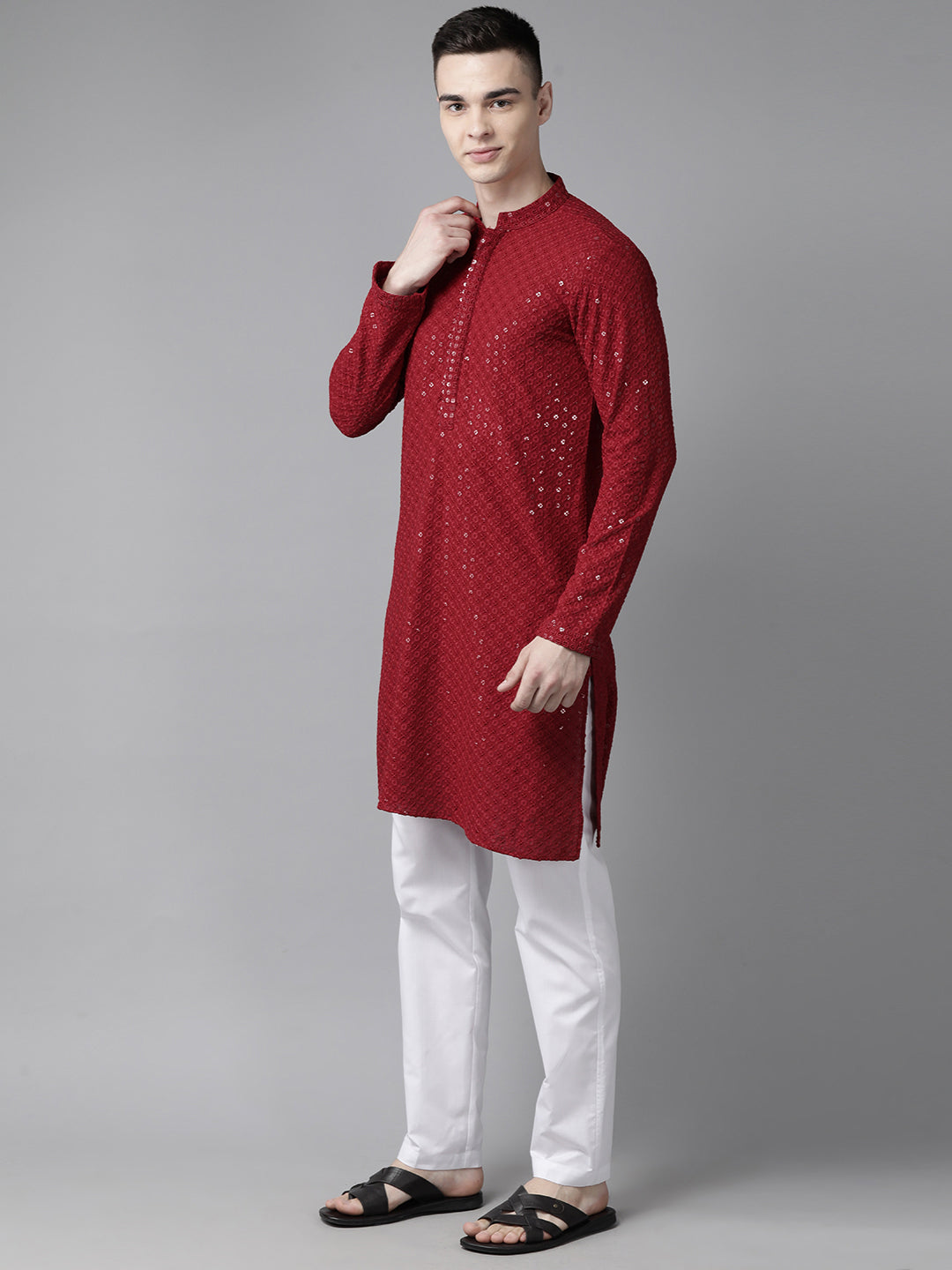 Men Maroon Floral Embroidered Sequined Rayon Kurta