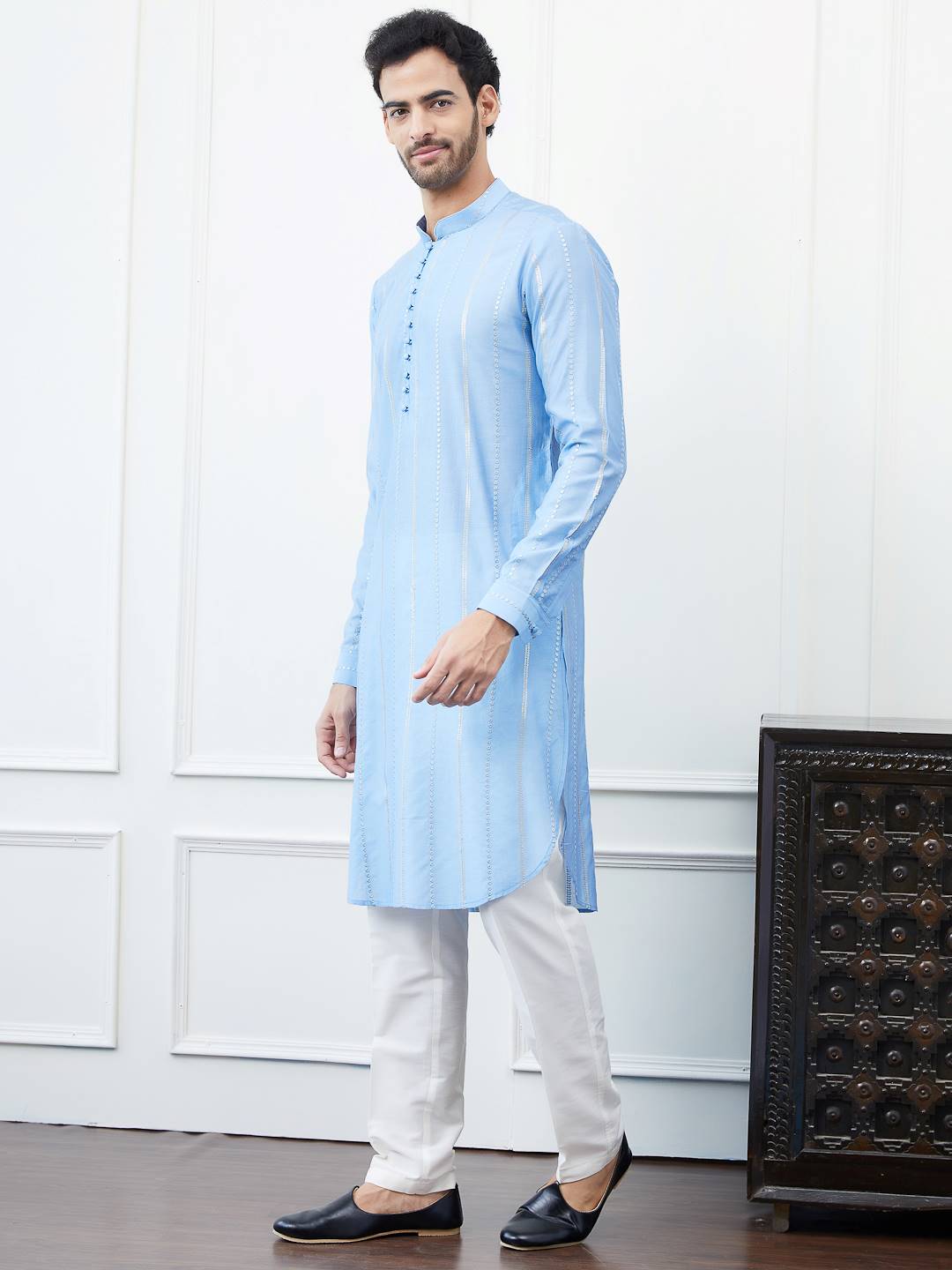 Men Turquoise Blue with Silver Stripes Cotton Kurta Set