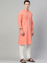 Riwaat.com Men Peach & White Printed Straight Kurta With Pajama Riwaat Printed