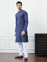 Riwaat.com Men Blue Solid Cotton Silk Kurta Riwaat Embroidered