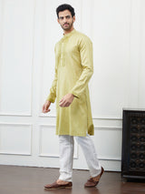 Riwaat.com Men Olive Sequence Mirror Work Cotton Kurta Riwaat Embroidered Mehendi