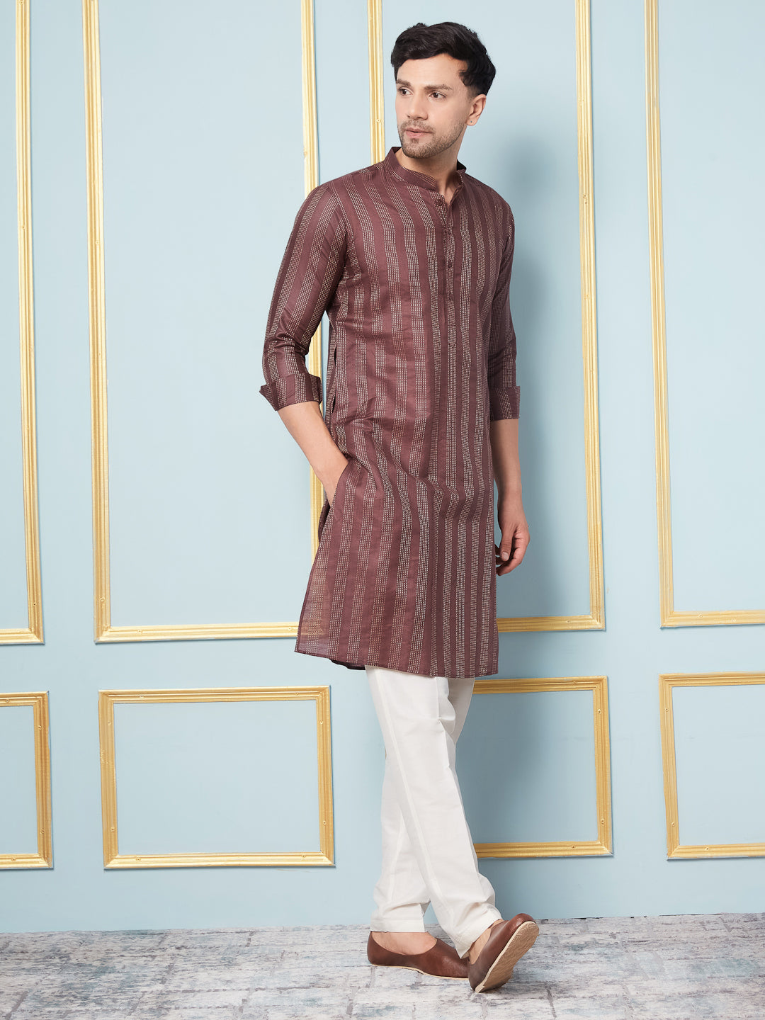 Men Coffee & Gold Woven Design Thread Work Kurta With Pajama