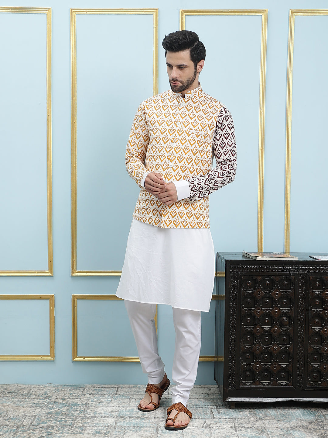 Men Off White And Yellow Color Printed Cotton Nehru Jacket