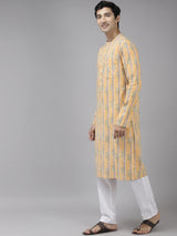 Men Yellow Self Printed Pure Cotton Straight Kurta