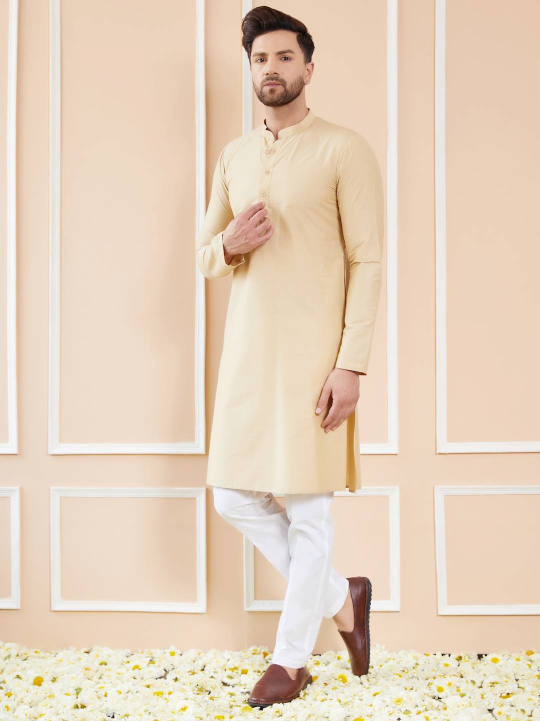 Men Golden Beige Cotton Solid Straight Kurta With Pajama