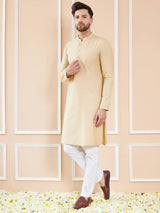 Men Golden Beige Cotton Solid Straight Kurta With Pajama