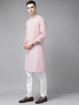 Riwaat.com Men Pink & Maroon Stripe Printed Straight Kurta Riwaat Printed