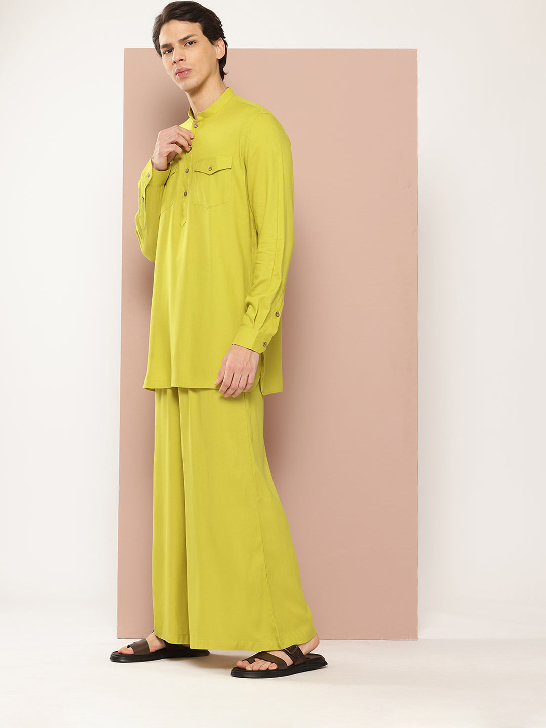 Men Lime Green Rayon Solid Pathani Sets