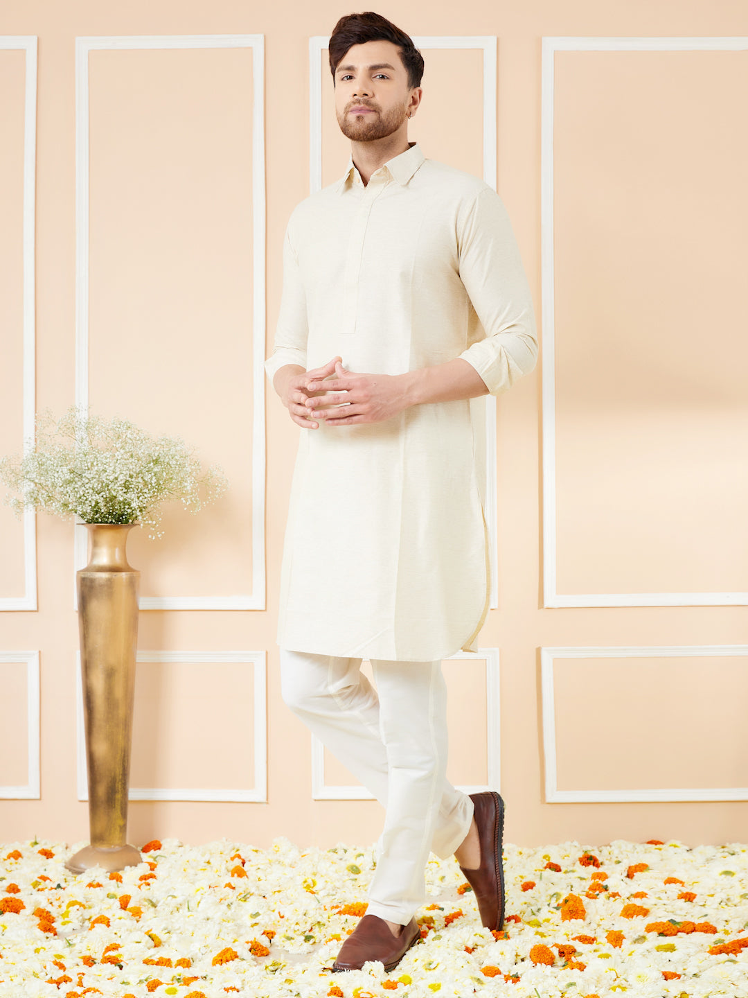 Men Cream Cotton Solid Pathani Kurta with Pyjama