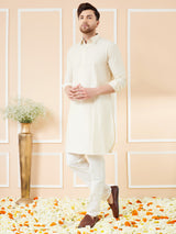 Men Cream Cotton Solid Pathani Kurta with Pyjama