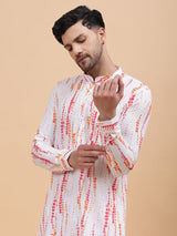 Men White & Pink Pure Cotton Printed Straight Kurta With pyjama