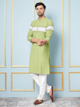 Men Lime Green And White Thread Work Kurta