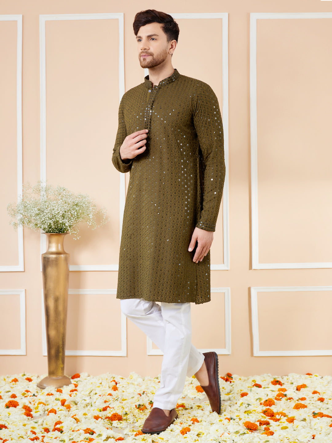 Men Olive Floral Embroidered Sequins Rayon Kurta Set