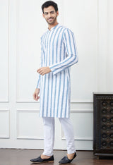 Men White And Blue Sequence Chikankari Embroidered Cotton Kurta