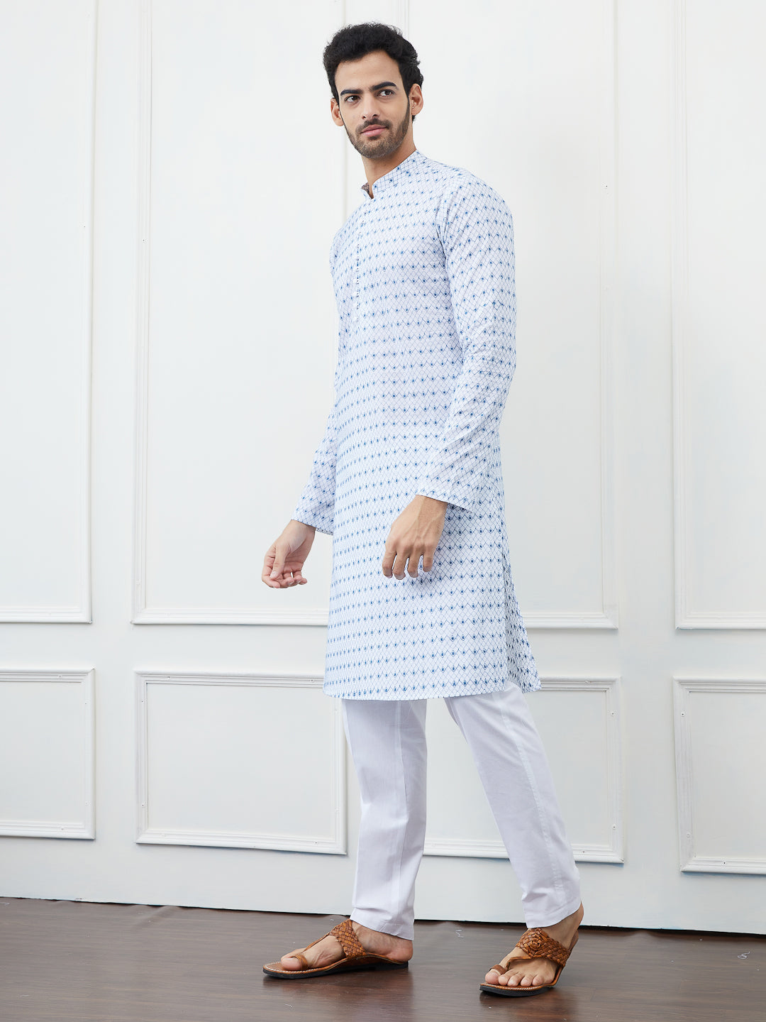 Men White And Blue Chikankari Embroidered Cotton Kurta