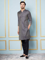 Men Blue & Gold Woven Design Thread Work Kurta