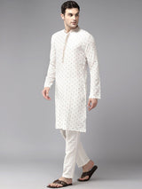 Men Off White & Multi Color Pure Cotton Embroidered Straight Kurta With Pajama