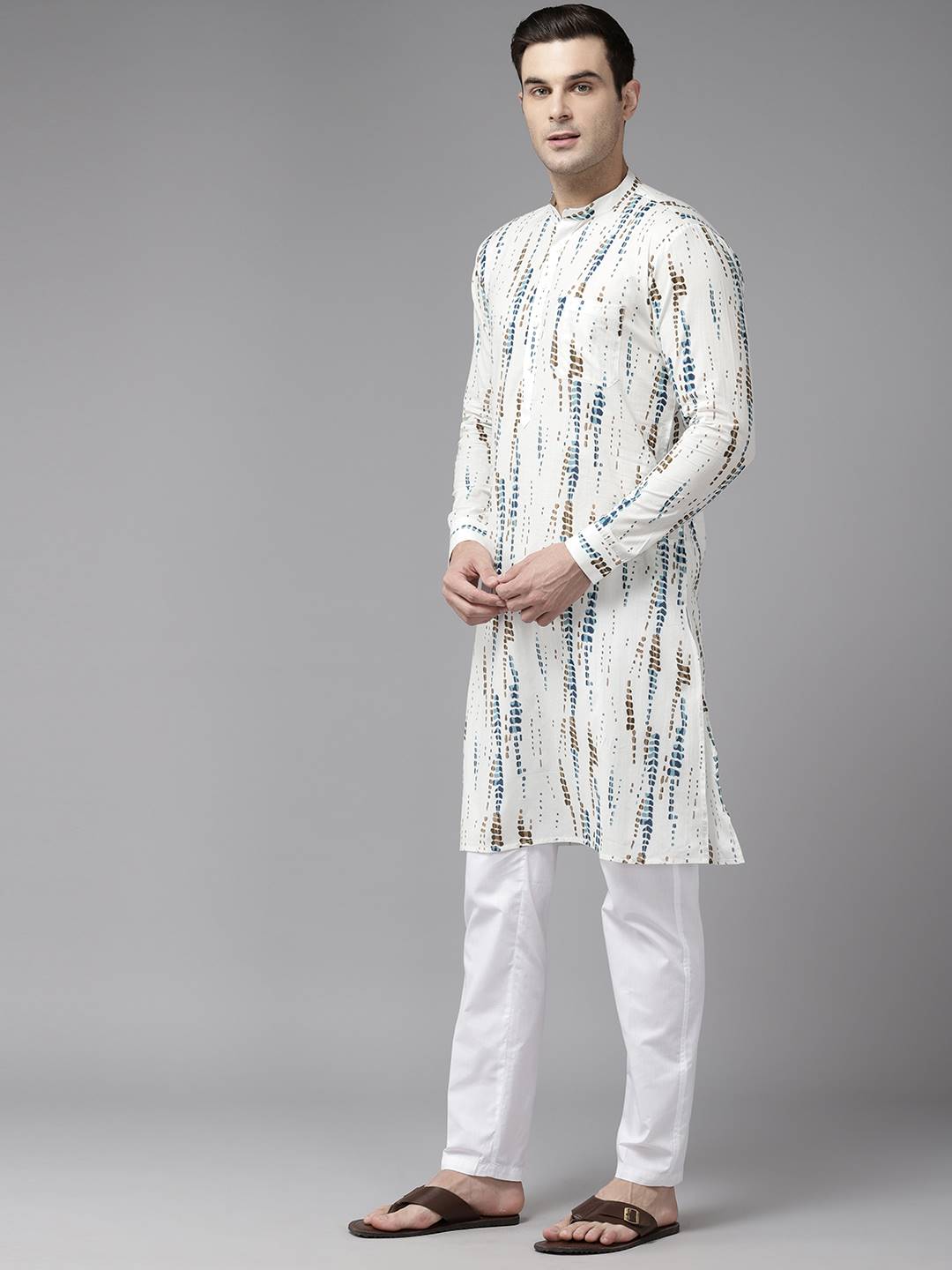 Men White with Blue and Brown Pure Cotton Printed Straight Kurta With Pajama