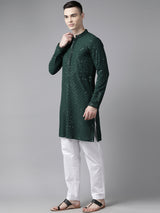 Men Bottle Green Floral Embroidered Sequined Rayon Kurta